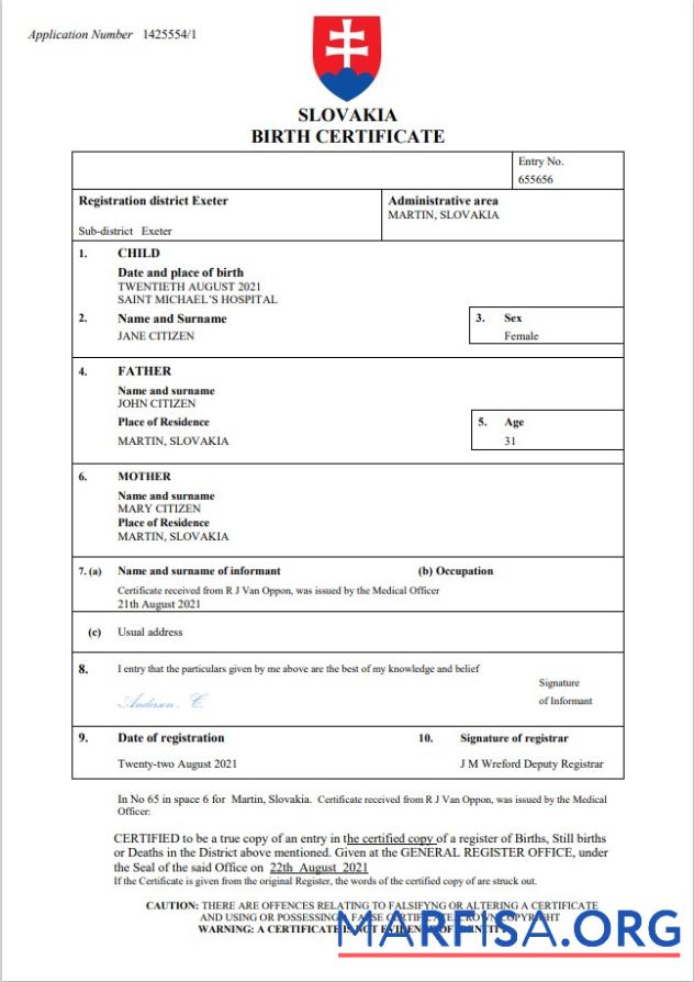 Blank Slovakia birth certificate Word and PDF template